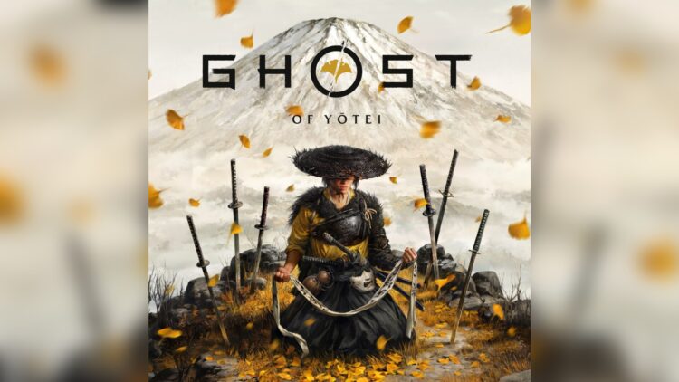 Atsu, protagonista de Ghost of Yōtei, sentada ante el monte Yōtei rodeada de katanas